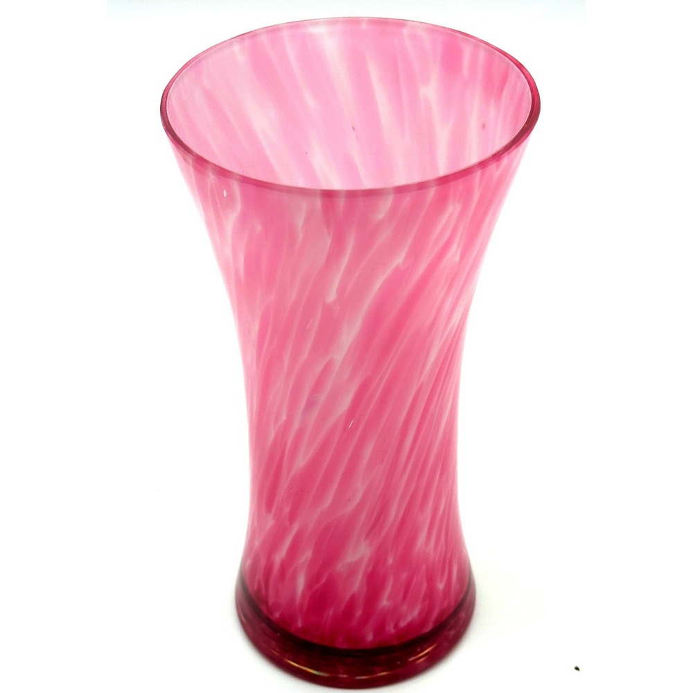 Pink White Swirl Glass Trumpet Vase 8in Fuchsia Hand Blown Flared Floral Decor